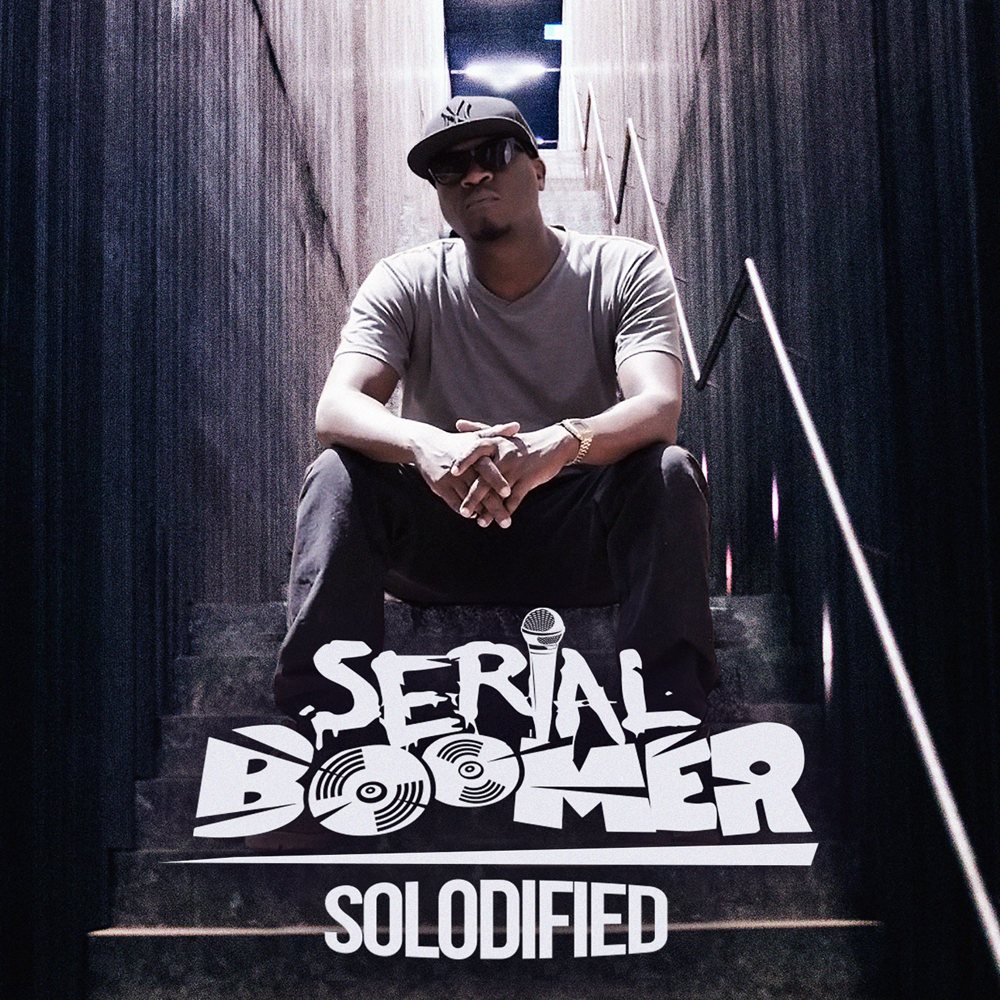Serial Boomer album cover — Solodified seated on a stairwell under blue light